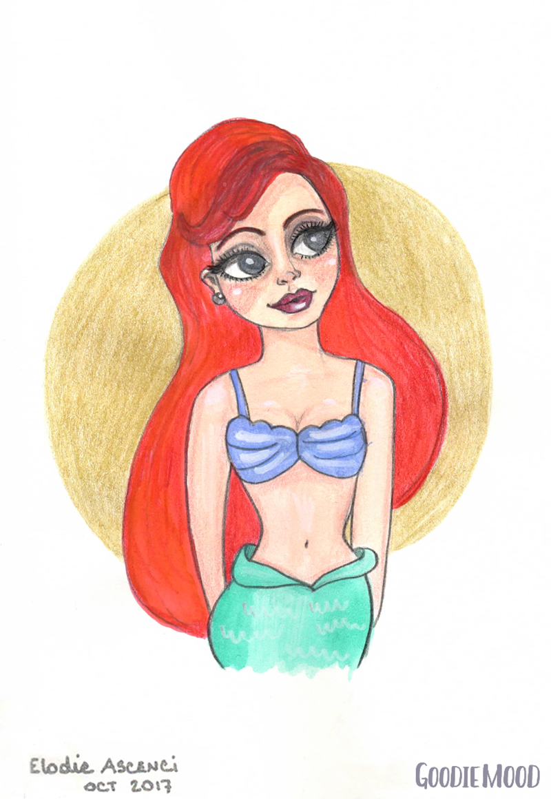 illustration d'Ariel la petite sirène à l'aquarelle et aux crayons de couleurs - Disney