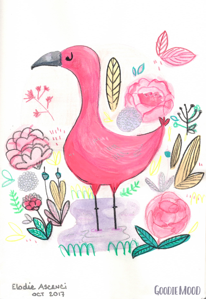 illustration d'un flamant rose à l'aquarelle et aux crayons de couleurs