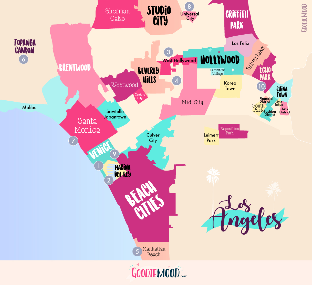🎬 Mes 10 endroits préférés à Los Angeles. Carte des quartiers Los Angeles, sur Goodie Mood, le blog Feel Good et Créativité #losAngeles #expatlife #changerdevie #venice #santaMonica #theGrove #beverlyHills