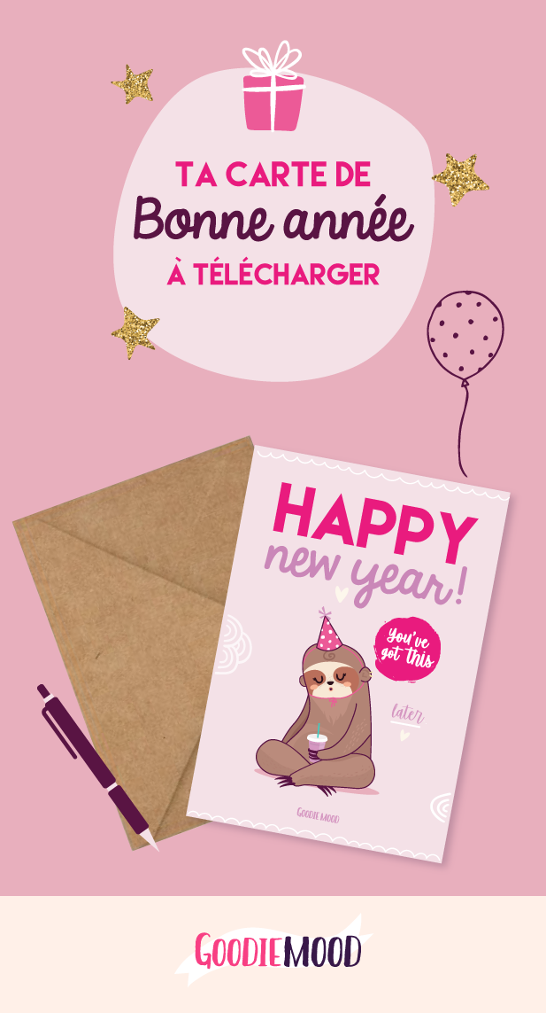 🎁 Bonne année 2019 ! Télécharge ta carte "Happy new Year Paresseux" pour la nouvelle année ! Sur Goodie Mood le blog Feel Good 💗 #paresseux #illustration #vector #sloth #card #ecard #printable #cadeau #goodie #feelgood #cute #mignon #voeux #happynewyear #nouvelan #paresseuse 
