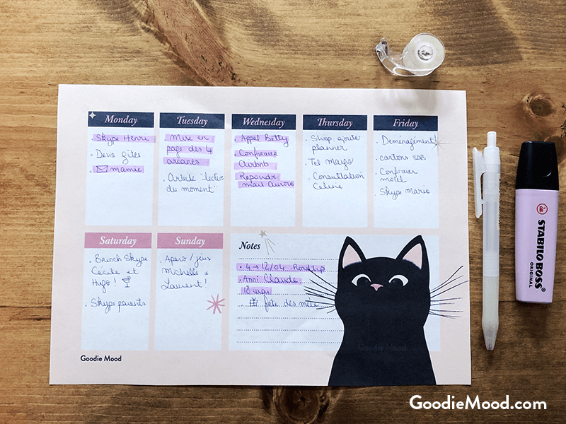 Semainier / weekly Planner chat noir mignon sur la boutique de Goodie Mood !